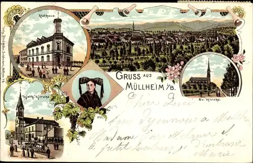 Litho Müllheim in Baden Markgräflerland, Gesamtansicht, Rathaus, Kirche, Trachten
