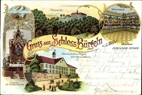 Litho Schliengen Baden Württemberg, Schloss Bürgeln, Pension, Bes. Brenner Stotz, Ahnensaal