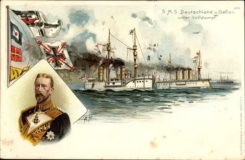 Künstler Litho Deutsche Kriegsschiffe, SMS Deutschland, SMS Gefion, Prinz Heinrich