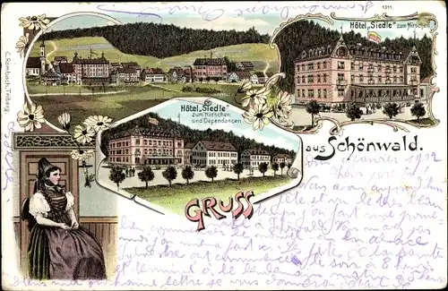 Litho Schönwald im Schwarzwald, Gesamtansicht, Hotel Siedle zum Hirschen, Trachten