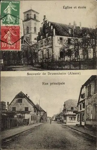 Ak Drusenheim Elsass Bas Rhin, Eglise et ecole, Rue principale