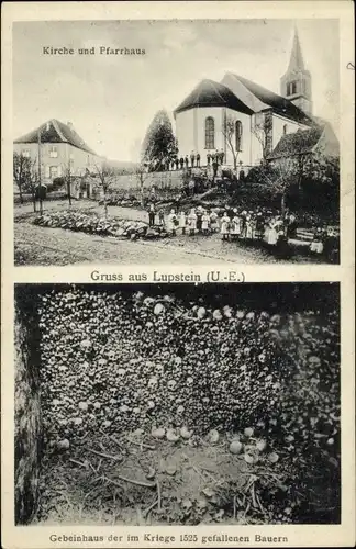 Ak Lupstein Elsass Bas Rhin, Kirche und Pfarrhaus, Gebeinhaus der im Kriege 1525 gefallenen Bauern