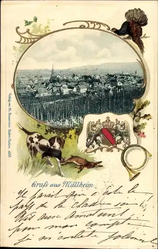 Passepartout Ak Müllheim in Baden Markgräflerland, Gesamtansicht, Jagd