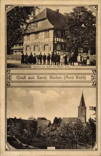 Ak Sand Bühl in Baden Schwarzwald, Gasthaus zur Sonne, Kirche