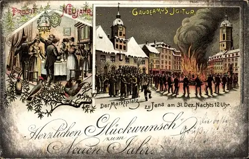 Litho Jena in Thüringen, Gaudeamus Igitur, Marktplatz am 31 Dezember Mitternacht, Feuer