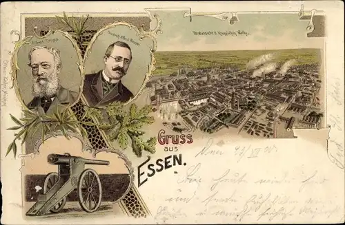 Litho Essen im Ruhrgebiet, Geschütz, Fabrik, Friedrich Alfred Krupp, Alfred Krupp