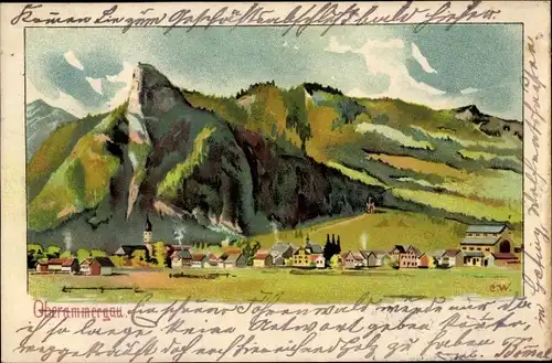 Künstler Litho Oberammergau in Oberbayern, Gesamtansicht, Berglandschaft