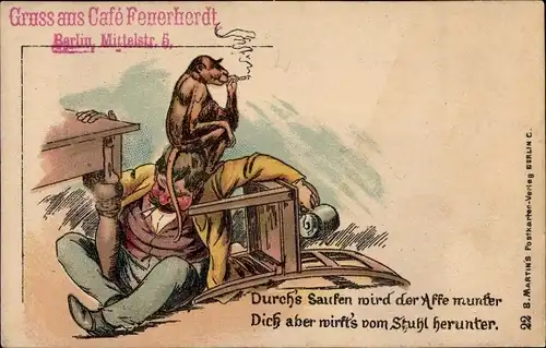 Litho Betrunkener Mann mit einem Affen auf dem Kopf, Durch's Saufen wird der Affe munter...