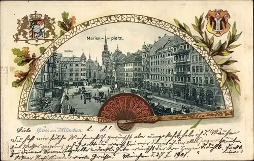Präge Passepartout Ak München in Bayern, Marienplatz, Wappen, Fächer