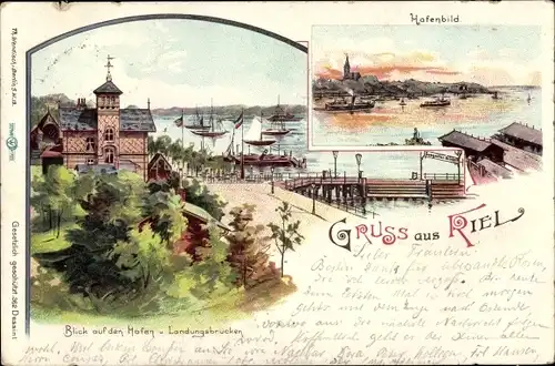 Litho Kiel Schleswig Holstein, Hafenbild, Landungsbrücken