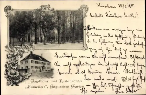 Ak München, Englischer Garten, Jagdhaus und Restauration Aumeister