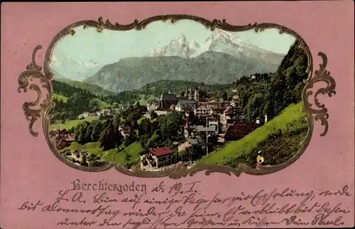 Präge Passepartout Ak Berchtesgaden in Oberbayern, Panorama vom Ort