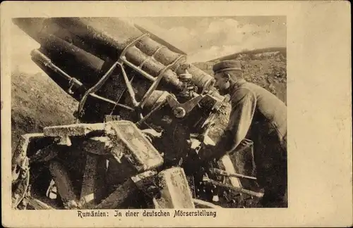 Ak Rumänien, In einer deutschen Mörserstellung, Geschütz, I. WK