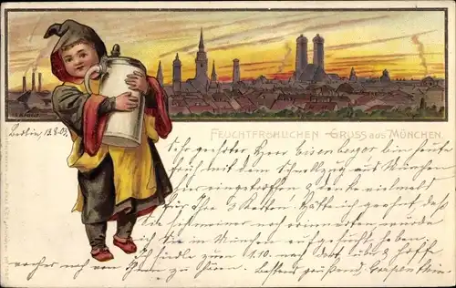 Präge Litho München, Blick auf die Stadt, Münchner Kindl, Bierkrug