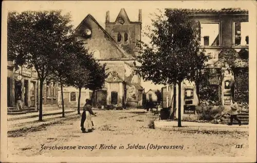 Ak Działdowo Soldau Ostpreußen, Zerschossene evangelische Kirche, 1. WK