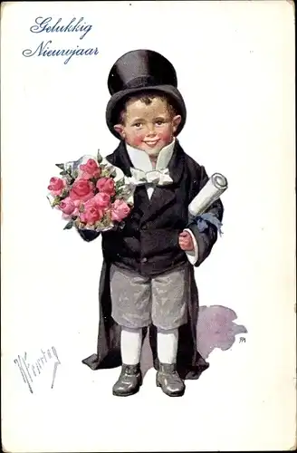 Künstler Ak Feiertag, Karl, Neuhjahrsglückwunsch, Junge in Anzug, Bräutigam, Rosenstrauß