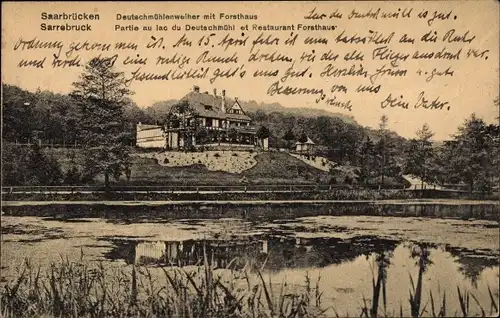 Ak Saarbrücken im Saarland, Deutschmühlenweiher mit Forsthaus
