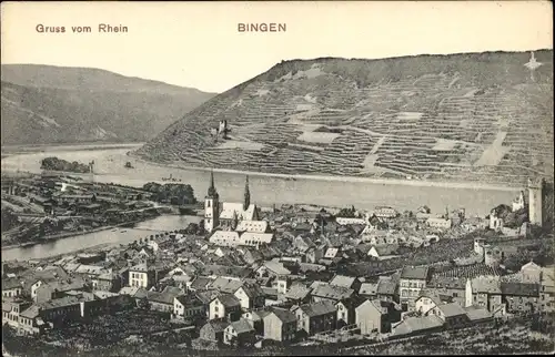 Ak Bingen am Rhein, Panorama, Rhein, Kirche