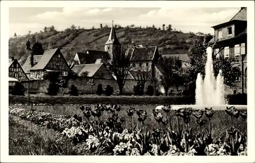 Ak Bad Orb in Hessen, Blick vom Bahnhof, Fontäne, Kirchturm
