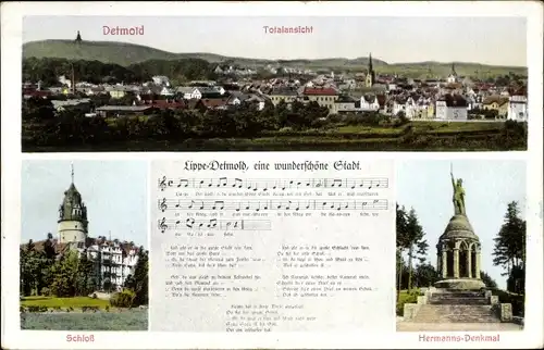 Ak Detmold in Nordrhein Westfalen, Totalansicht, Schloss, Hermanns-Denkmal, Lied