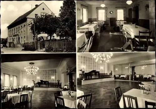 Ak Großerkmannsdorf Radeberg in Sachsen, Müllers Gasthof , Außenansicht, Tanzsaal, Speisesaal