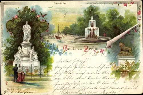 Litho Berlin Tiergarten, Siegesallee, Löwengruppe, Goethe Denkmal