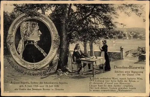 Ak Dresden Blasewitz, Schillers erste Begegnung mit Gustel 1786, Auguste Segedin Portrait, Gedicht
