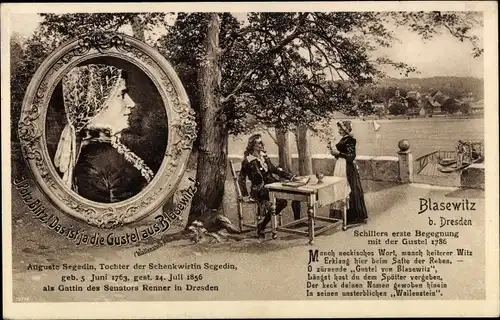 Ak Dresden Blasewitz, Schillers erste Begegnung mit der Gustel 1786, Auguste Segedin, Gedicht