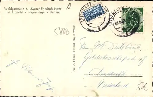 Ak Haspe Hagen Westfalen, Waldgaststätte zum Kaiser-Friedrich-Turm