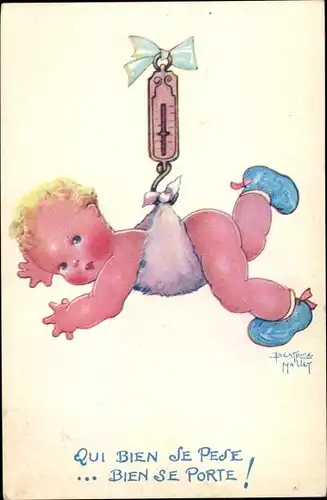 Künstler Ak Mallet, Beatrice, Bebe, qui bien se pese, bien se porte, Baby hängt an der Waage