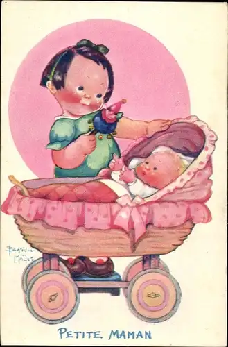 Künstler Ak Mallet, Beatrice, Petite Maman, Mädchen mit Rassel, Baby, Kinderwagen
