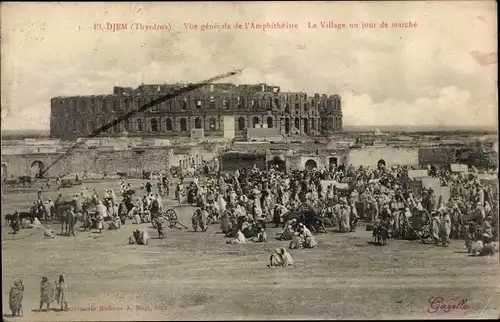 Ak El Djem Tunesien, Amphitheater, le Colisee, Le Village un jour de marché
