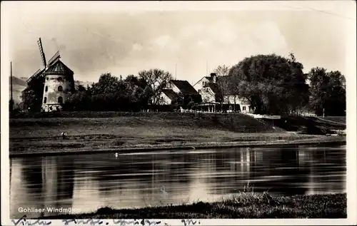 Ak Dresden Gohlis, Uferpartie mit Blick zur Gohliser Windmühle