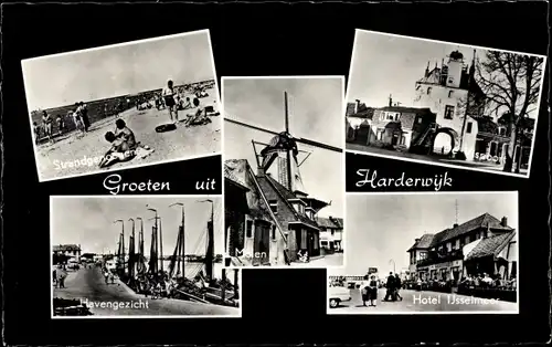 Ak Harderwijk Gelderland, Haven, Strand, Molen, Hotel IJsselmeer