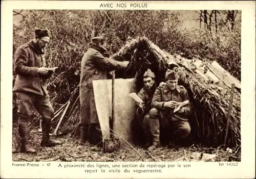 Ak Avec nos Poilus, A proximité des lignes, section de reperage par le son, visite du voguemestre