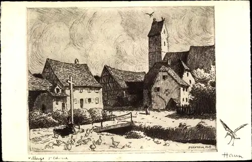 Künstler Ak Hansi, Jean Jacques Waltz, Village d'Alsace, Dorfansicht