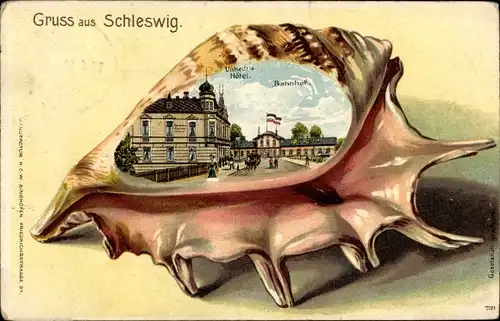 Muschel Litho Schleswig an der Schlei, Bahnhof, Untiedt's Hotel