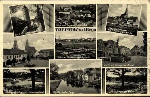 Ak Trzebiatów Treptow an der Rega Westpommern, Kirche, Markt, Königshain, Turm, Stadtmauer, Denkmal