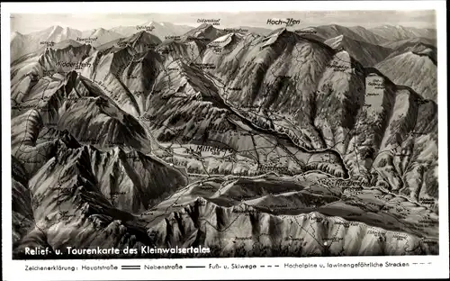 Landkarten Ak Kleinwalsertal Vorarlberg, Mittelberg, Hirschegg, Relief- und Tourenkarte