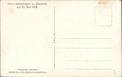 Ak Chemnitz Sachsen, Tiergarten Scheibe, Militär bei Aufräumungsarbeiten n. d. Sturm a. 27. Mai 1916