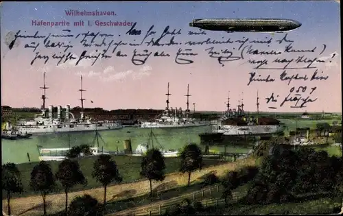 Ak Wilhelmshaven in Niedersachsen, Hafenpartie mit I. Geschwader, Zeppelin