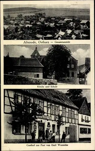 Ak Alterode Arnstein in Sachsen Anhalt, Gesamtansicht, Kirche, Schule, Gasthof zur Post