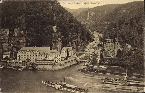 Ak Hřensko Herrnskretschen Elbe Region Aussig, Teilansicht, Felsen, Dampfer