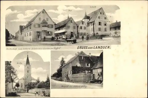 Ak Landser Elsass Haut Rhin, Wirtschaft zum Ochsen, Post, Schule, Kirche, Notariat