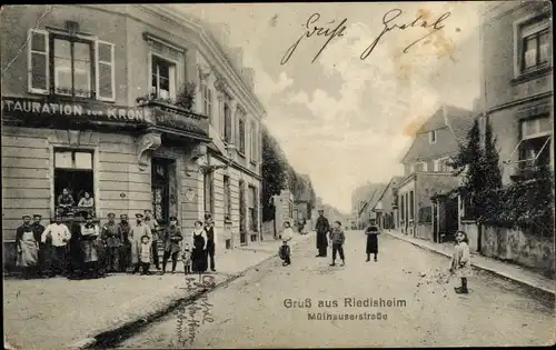 Ak Riedisheim Elsass Haut Rhin, Mülhauserstraße, Restaurant zur Krone