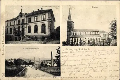 Ak Steinbach Elsass Bas Rhin, Gemeindeschulhaus, Kirche, Kautschukfabrik