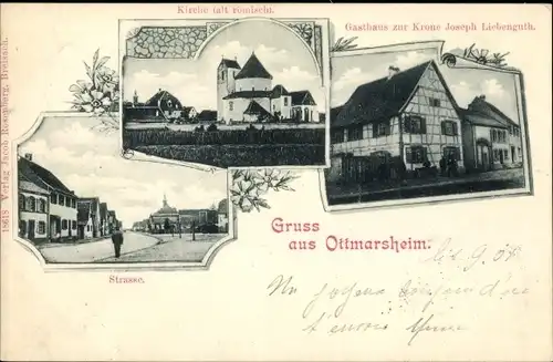 Ak Ottmarsheim Elsass Haut Rhin, Gasthaus zur Krone, Kirche, Straßenpartie