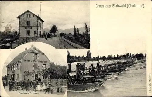 Ak Chalampé Eichwald Elsass Haut Rhin, Bahnhof, Gasthaus zur Krone