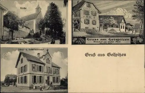 Ak Geispitzen Elsass Haut Rhin, Wirtschaft zum weißen Pferd, Kirche, Schul- und Gemeindehaus