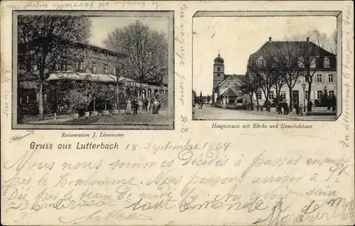 Ak Lutterbach Elsass Haut Rhin, Restauration J. Lienemann, Hauptstraße, Kirche, Gemeindehaus